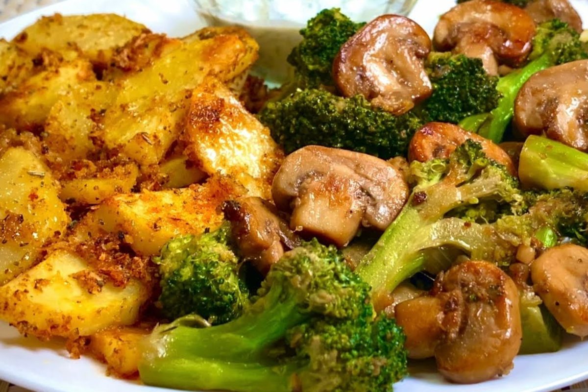 Broccoli con funghi e patate al forno: un incontro d’amore assoluto in cucina