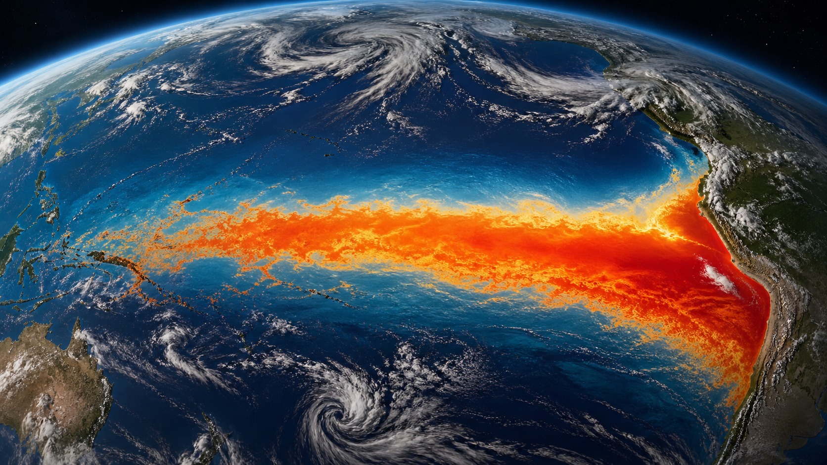 Visual editoriale di El Niño 2026 con anomalia calda nel Pacifico equatoriale