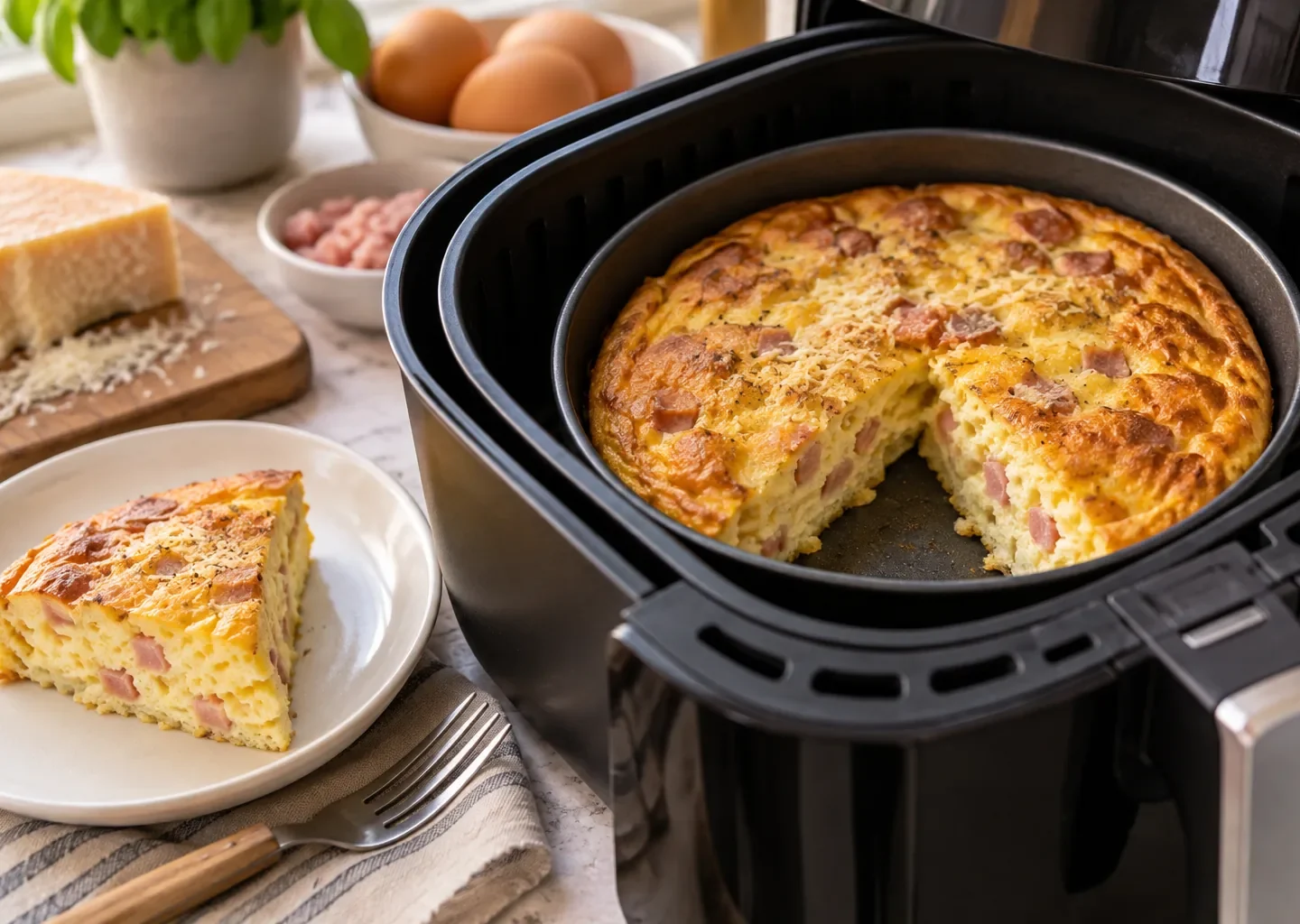 Frittata dorata con prosciutto e formaggio in una teglia nella friggitrice ad aria