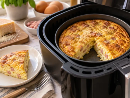 Frittata dorata con prosciutto e formaggio in una teglia nella friggitrice ad aria