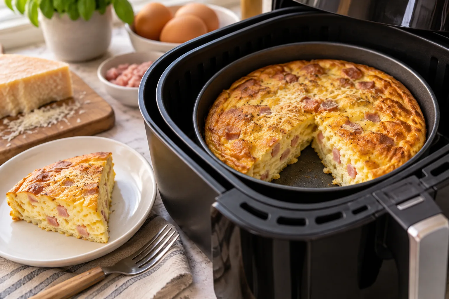 Frittata dorata con prosciutto e formaggio in una teglia nella friggitrice ad aria
