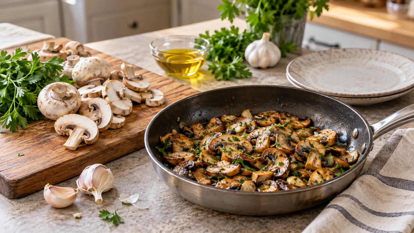 Immagine editoriale per Funghi champignon in padella: la ricetta veloce per farli dorati e non acquosi